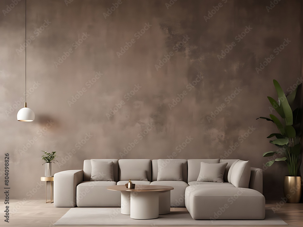 Luxury living room in warm colors. Brown beige walls, light gray lounge furniture -sofa, table. Empty background microcement for art. Rich interior design. Mockup room office reception. 3d render Luxury living room in warm colors. Brown beige walls, light gray lounge furniture -sofa, table. Empty background microcement for art. Rich interior design. Mockup room office reception. 3d render
