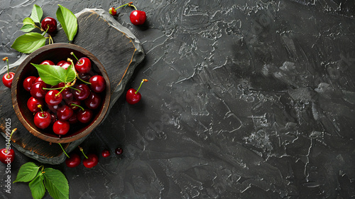 Board with bowl of sweet cherries on black table photo