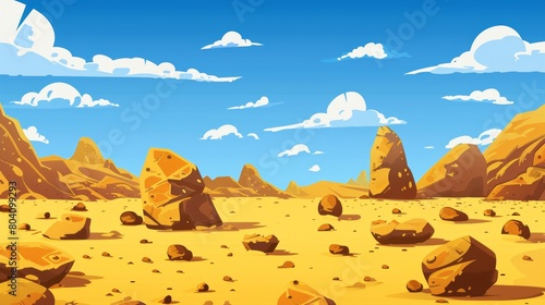 A hot  deserted African or Mexican landscape with golden sand dunes and stones. Cartoon illustration with yellow sandy hills parallax.