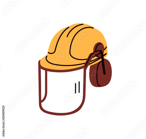 Workers safety helmet with face shield, protective mask. Industrial head protection, hardhat with visor. Hard hat with protecting screen. Flat vector illustration isolated on white background