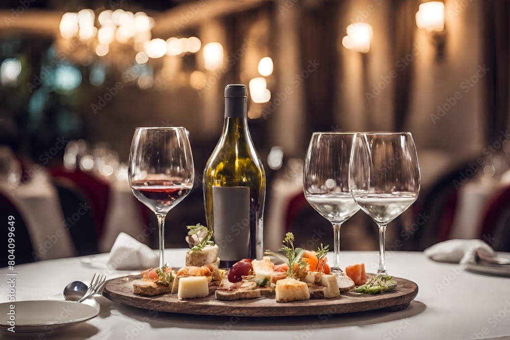 Elegant Restaurant Scene: Wine Glasses, Appetizers, Soft Light for Romantic Ambiance, Ideal for Dinner, Wedding Menus. Elegant Restaurant Scene: Wine Glasses, Appetizers, Soft Light for Romantic Ambiance, Ideal for Dinner, Wedding Menus.