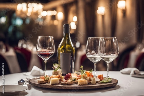 Elegant Restaurant Scene: Wine Glasses, Appetizers, Soft Light for Romantic Ambiance, Ideal for Dinner, Wedding Menus.