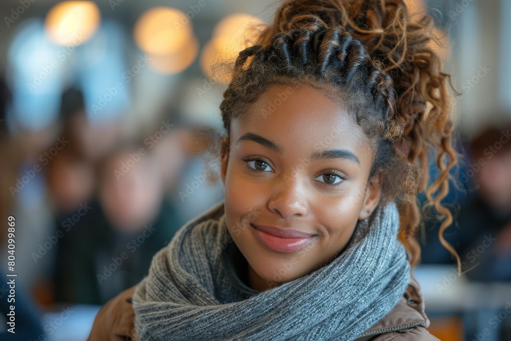A young, attractive woman with curly hair and a thick scarf poses charmingly with a subtle smile A young, attractive woman with curly hair and a thick scarf poses charmingly with a subtle smile