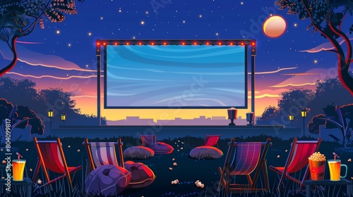 The open air movie theater at sunset at dusk is decorated with beanbag chairs, beer containers, and popcorn buckets on low tables. Cartoon modern illustration. photo