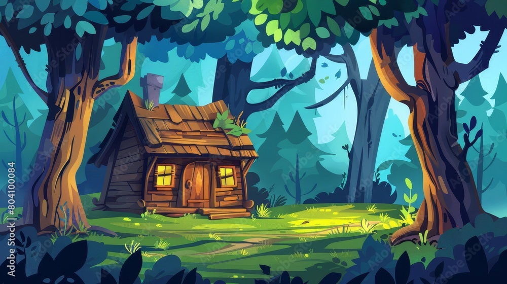 The summer forest with a wooden house. An old shack in deep woods showing a forester's hut or witch's hut. Modern illustration.