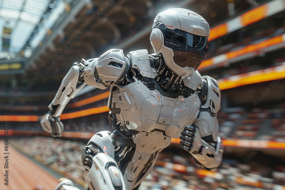 A dynamic image of a modern, humanoid robot racing in a sports stadium setting, showcasing advanced technology and motion A dynamic image of a modern, humanoid robot racing in a sports stadium setting, showcasing advanced technology and motion