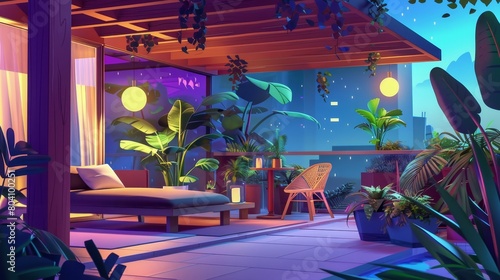 The rooftop garden of a building containing plants and furniture at night is a modern cartoon illustration of modern furniture on the balcony or roof of a house with shrubs, trees, lamps and a table