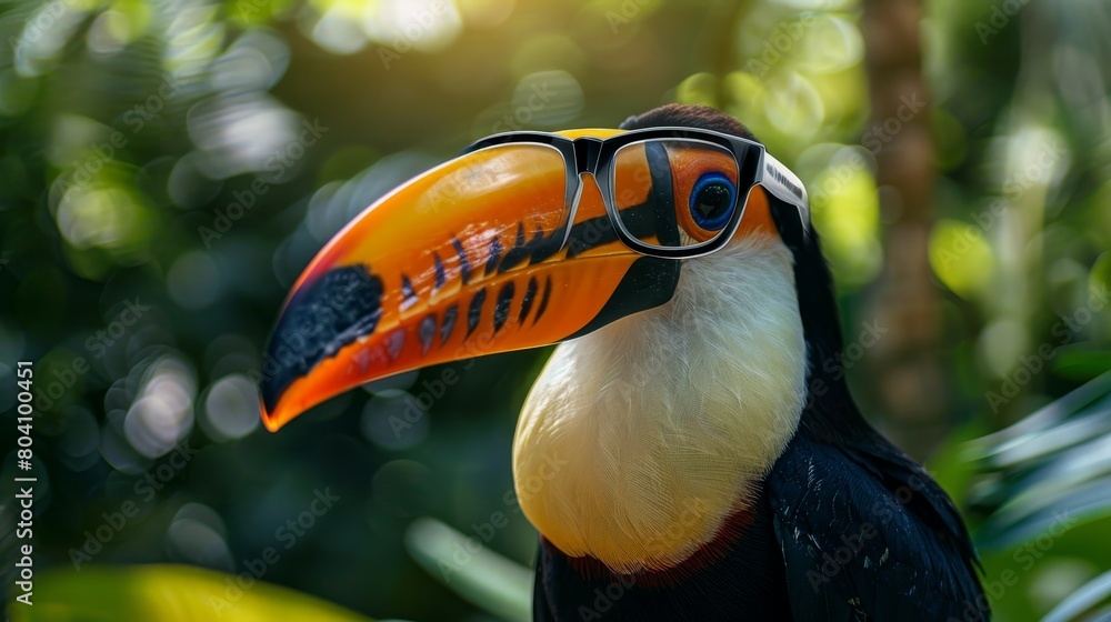 Fototapeta premium A detailed photo of a colorful toucan wearing stylish glasses
