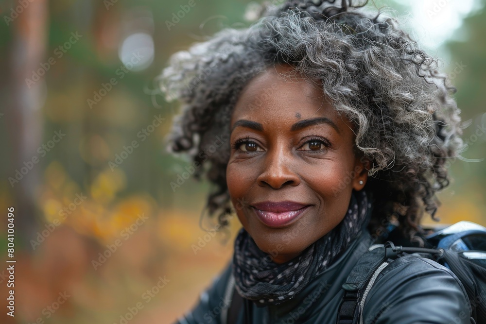 An older woman with curly gray hair smiling during a hike in an autumn forest An older woman with curly gray hair smiling during a hike in an autumn forest