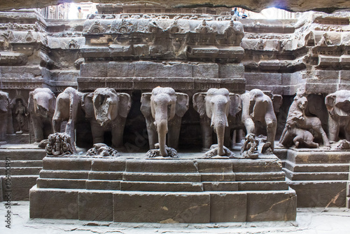 Statues of elephants in the Kailash temple, Ellora Caves, Aurangabad, Maharasthra India. UNESCO Heritage site photo
