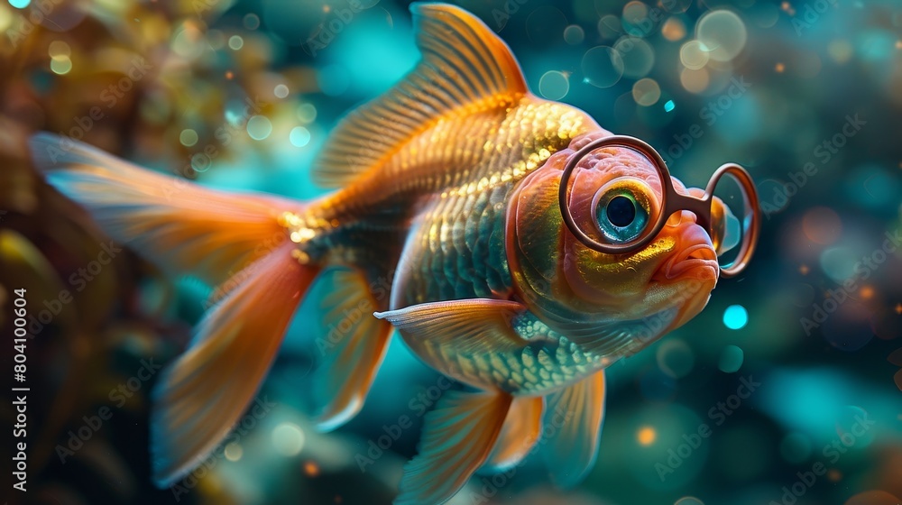 A detailed photo of a fashionable fish wearing colorful glasses