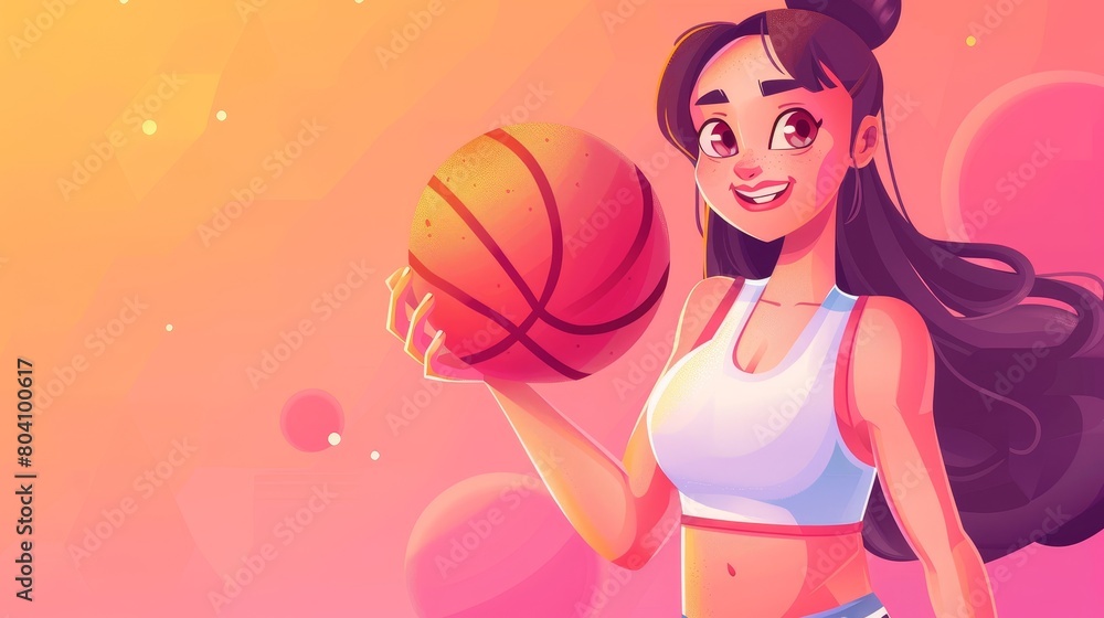 The modern cartoon illustration depicts a smiling young woman lifting dumbbells and playing basketball. Healthy lifestyle, fitness, workout concept. The modern cartoon illustration depicts a smiling young woman lifting dumbbells and playing basketball. Healthy lifestyle, fitness, workout concept.