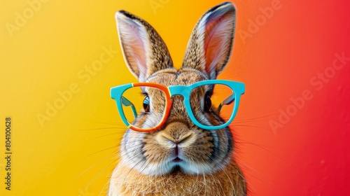 A detailed photo of a stylishly dressed rabbit wearing colorful glasses