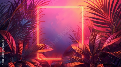 A diamond frame design with an abstract neon background and tropical leaves
