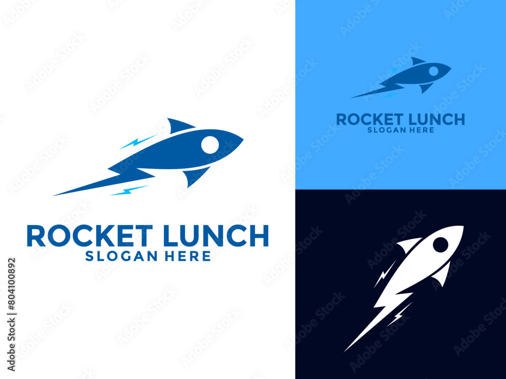 Naklejka premium Fast Rocket Launch with Thunderbolt Vector Logo Design, Simple Flying Modern Rocket Logo Illustration
