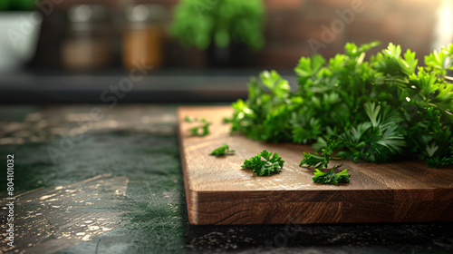 Board with fresh parsley on table closeup