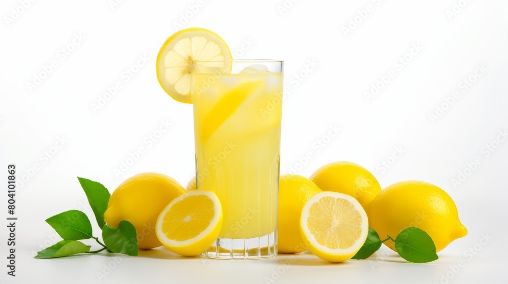 a refreshing glass of lemonade, garnished with a lemon slice, surrounded by fresh lemons and green leaves on a white background a refreshing glass of lemonade, garnished with a lemon slice, surrounded by fresh lemons and green leaves on a white background