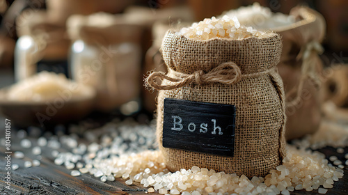 Small Burlap Sack of Bosh Salt with Rustic Chalkboard Label on Wooden Table. Generated by AI photo