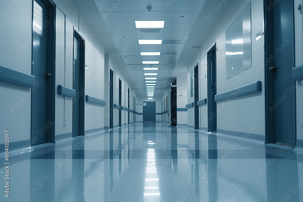Futuristic Hospital Corridor with Bright Lighting and Sleek Design