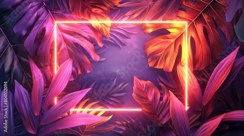 A sleek abstract neon background featuring tropical leaves