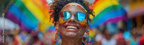 Joyful African American LGBTQ+ Woman Celebrating New York Pride Parade with Rainbow Flag. Inclusive and Diverse Pride Celebration in New York City. photo