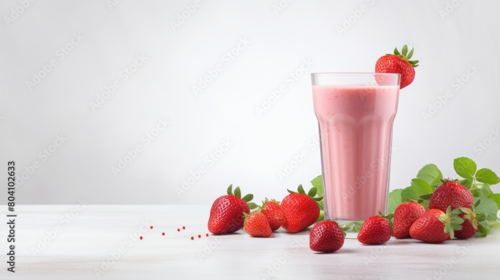 a refreshing strawberry smoothie in a glass, highlighted by ripe strawberries and green leaves on a white surface a refreshing strawberry smoothie in a glass, highlighted by ripe strawberries and green leaves on a white surface