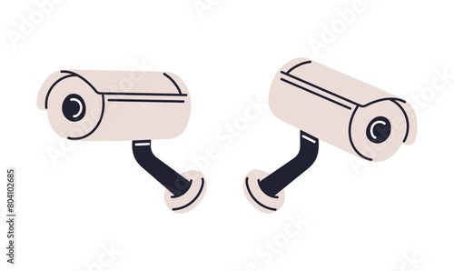 IP CCTV security camera, video surveillance camera, video monitoring, defocused home security camera, wall mounted camera for outdoor area safety and observation flat vector illustration.