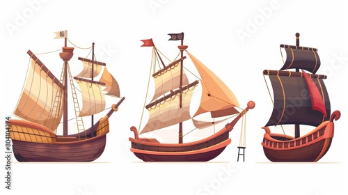 Modern cartoon set of ancient wooden ships with paddles, masts, and folded sails. Set of ancient galleons, caravels, sailing boats with black, white, and red sails. Black and white rowboats isolated photo