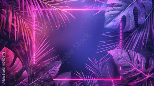 An elegant diamond frame design with an abstract neon background and tropical leaves