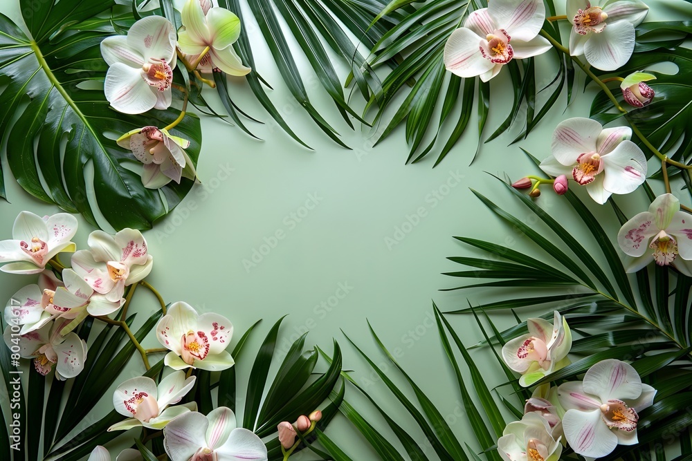Orchids and tropical leaves on pastel green background.