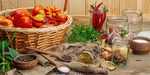 Preserved season vegetable concept. Harvest of tomato, chili, greens, onion and garlic © FuzullHanum