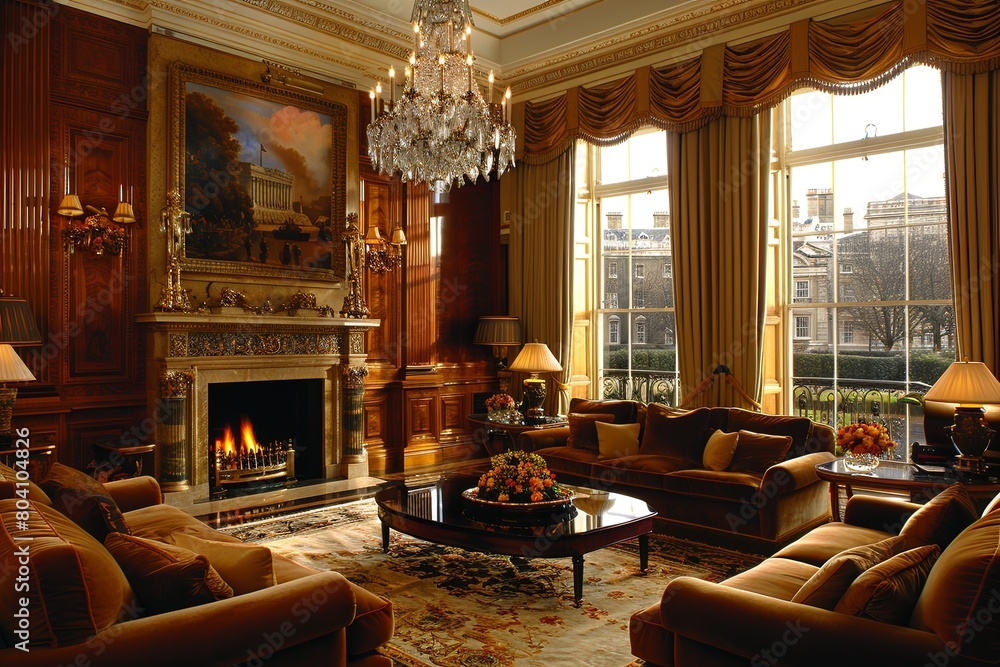 Cascading Crystal Chandelier Glamour: Opulent Living Room With Plush Velvet Sofas and Intricate Carved Fireplace