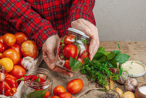 Preserved season vegetable concept. Harvest of tomato, chili, greens, onion and garlic © FuzullHanum