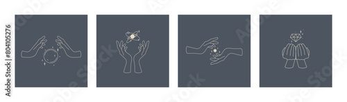 Logo design with different hand gestures, magic elements. Planets, jewerly, magic sphere, moon, sun and stars. Esoteric and mystical design elements. Magic objects in minimalistic linear style