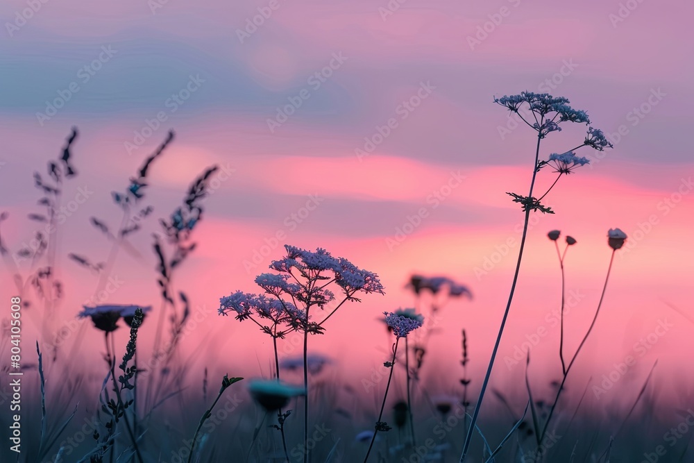 Obraz premium Pink Wildflowers Silhouetted at Sunset in Rural Nature Background
