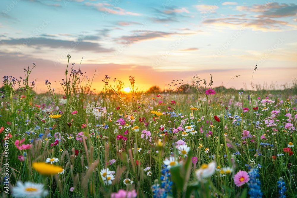 Wild Growth: Sunset Hues in Serene Field of Renewal