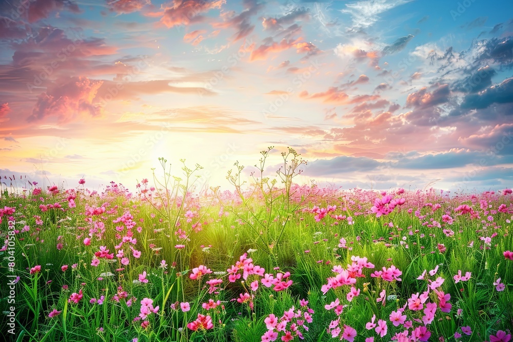 Fototapeta premium Wild Flower Meadow: Serene Pink Blossoms Under Evening Sky