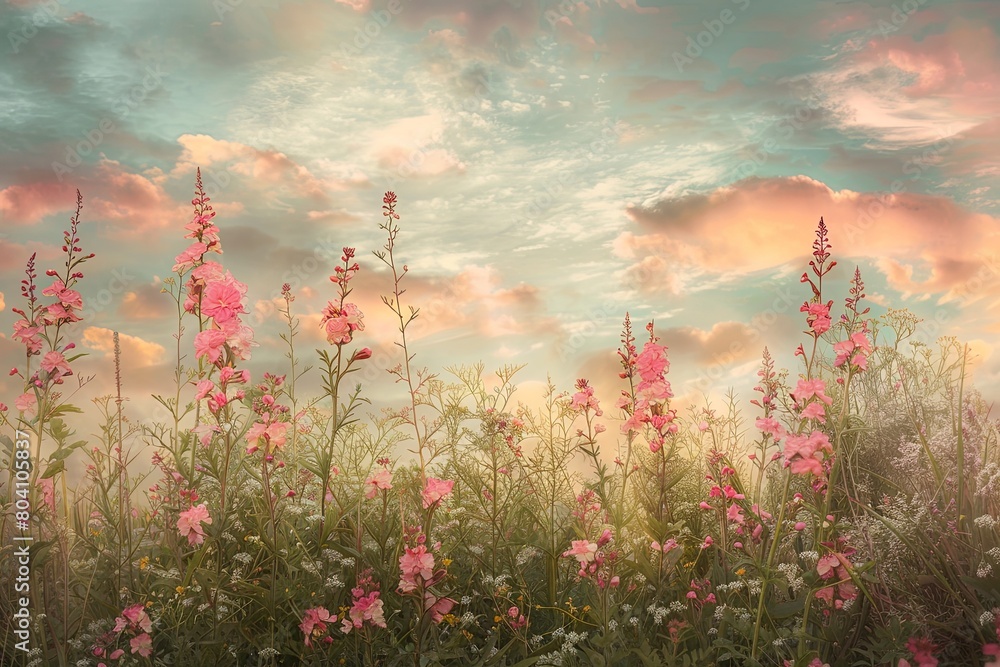 Wild Pink Flowers: Tranquil Evening Meadow under Serene Sky Wild Pink Flowers: Tranquil Evening Meadow under Serene Sky