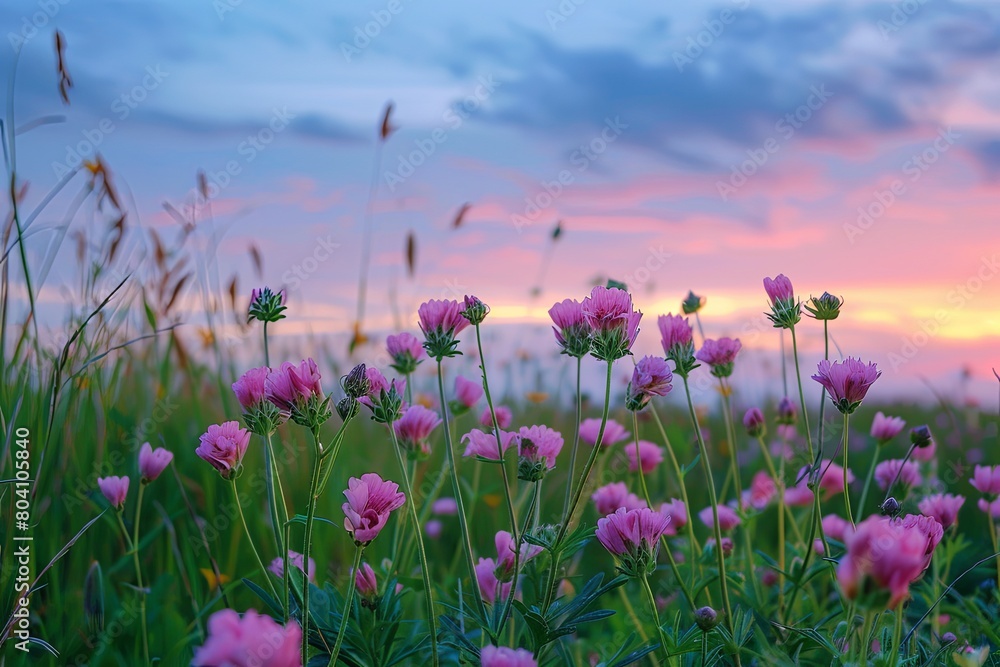 Obraz premium Wild Pink Wildflowers at Twilight: Tranquil Meadow - Essence of Pure Nature