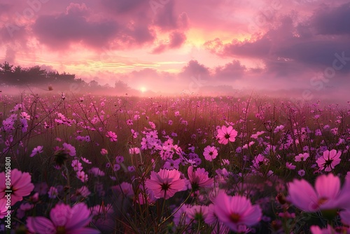 Wild Meadow Serenity: Pink Skies Over Idyllic Flowers © Michael
