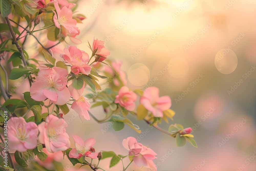 Wild Sunset Tranquil: Pink Blossoms and Soft Bokeh in Nature's Background