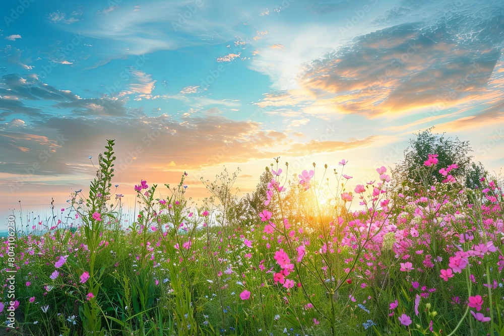 Wildflowers Sunset Skyscape: Radiant Rural Panorama