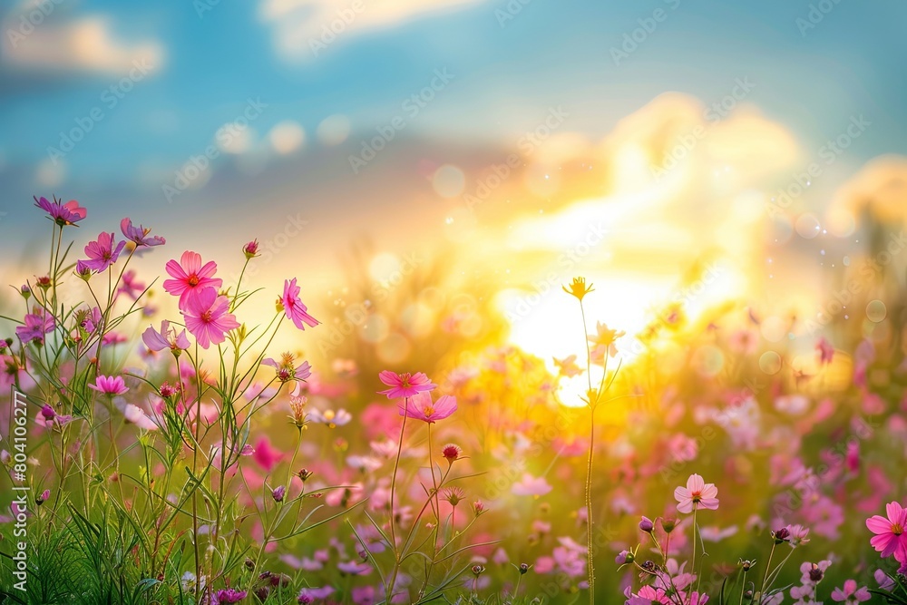 Wild Sunset Tranquility: Pink Blossoms and Meadow Bokeh under Blue Sky Wild Sunset Tranquility: Pink Blossoms and Meadow Bokeh under Blue Sky