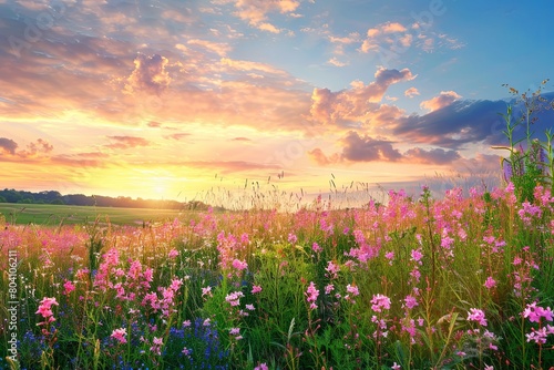 Wild Flower Sunset Panorama: Rural Scene with Pink Blossoms © Michael