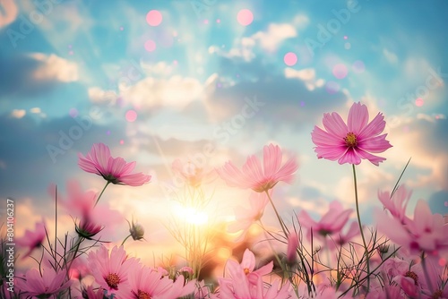 Tranquil Sunset Over Pink Blossoms  Wild Flowers and Soft Bokeh in Meadow under Blue Sky