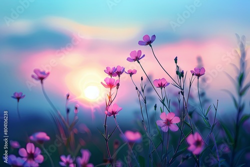 Tranquil Sunset: Pink Blossoms in Nature Meadow, Soft Bokeh Glow under Blue Sky
