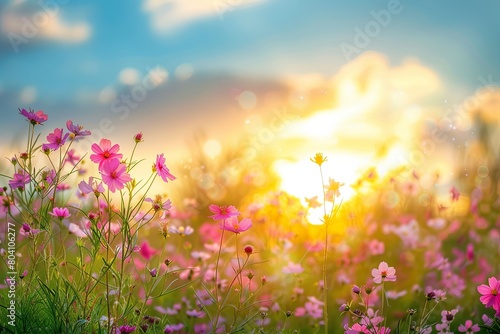 Wild Sunset Tranquility: Pink Blossoms and Meadow Bokeh under Blue Sky
