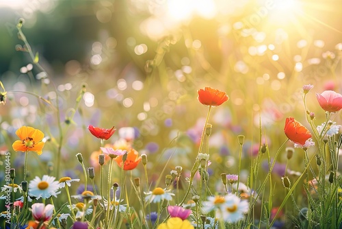 Wildflower Bliss  Vibrant Blossoms in Sunlit Meadow Landscape