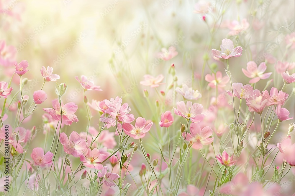 Fototapeta premium Wildflower Symphony: Delicate Pink Blossoms in Soft Pastel Meadow Light