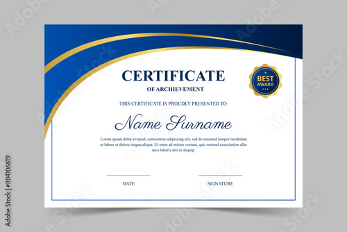Modern elegant blue and gold certificate template. Appreciation for business and education. Vector illustration